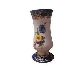 Vintage Limoges Porcelain Bud Vase With Floral Design Gold Detailing & Blue Acce